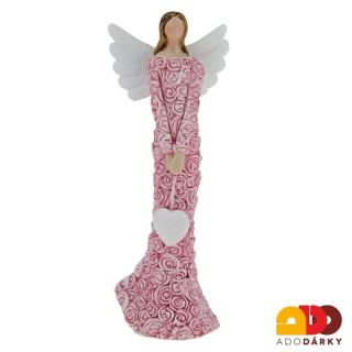 Anděl v růžových šatech s bílým visícím srdcem 9,5 cm