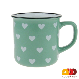 Hrnek "plecháček" světle zelený s bílými srdíčky 400 ml