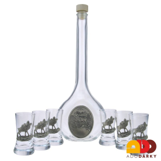 Sada lahve a šesti odlivek s cínovými dekoracemi jelena