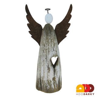 Anděl dřevěný s kovovými křídly a srdcem skrz 26,5 cm