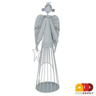 Bílý plechový anděl se srdcem v ruce 32 cm