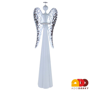 Plechový anděl na svíčku bílý, děrovaná křídla 43 cm