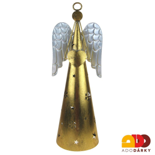 Plechový svícen anděl zlatý se stříbrnými křídly 56 cm