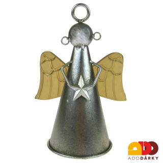 Plechový anděl - zvon, stříbrný s hvězdou, na zavěšení 23,5 cm
