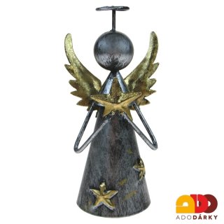 Kovový anděl stříbrný se zlatou hvězdou 13 cm