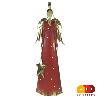 Plechový anděl červený s hvězdou 74 cm