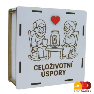 Dřevěná odškrtávací pokladnička "Celoživotní úspory" 15 cm