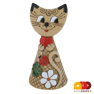 Zvonek kočka se srdcem, beruškou, čtyřlístkem a bílou květinkou 18 cm