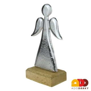 Kovový anděl stříbrný na podstavci 18 cm