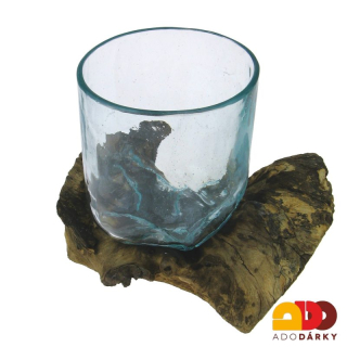 Skleněná váza v "dřevěném samorostu" 21 cm