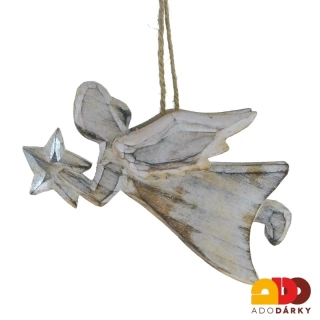 Anděl dřevěný s hvězdou - závěs 14 cm