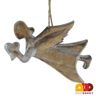 Anděl dřevěný se srdcem - závěs 14 cm