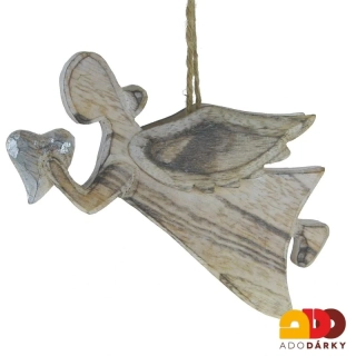 Anděl dřevěný se srdcem - závěs 20 cm