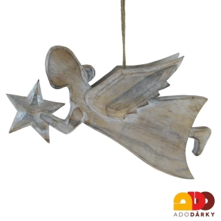 Anděl dřevěný s hvězdou - závěs 25 cm