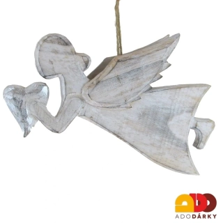 Anděl dřevěný se srdcem - závěs 25 cm