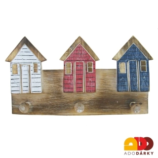 Dřevěný věšák na zeď s barevnými domečky  - 3 věšáky 32 cm