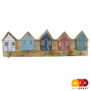 Dřevěný věšák na zeď s barevnými domečky  - 5 věšáků 51 cm