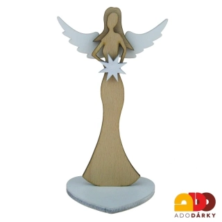 Anděl ze dřeva s hvězdou, přírodní s bílými křídly 16,5 cm