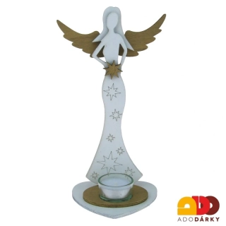 Anděl ze dřeva se svícnem a hvězdou se zlatými křídly 24,5 cm