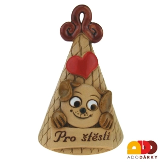Zvonek s hnědým psem "Pro štěstí" s rezavým ouškem 10 cm