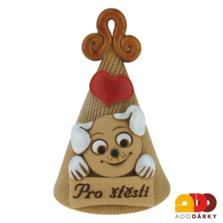 Zvonek s bílým psem "Pro štěstí" s hnědým ouškem 10 cm
