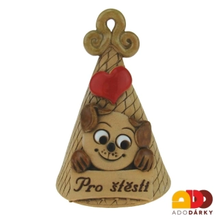 Zvonek s hnědým psem "Pro štěstí" s béžovým ouškem 10 cm