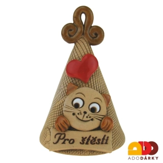 Zvonek s hnědou kočkou Pro štěstí s hnědým ouškem 10 cm