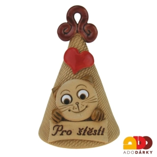 Zvonek s hnědou kočkou Pro štěstí s rezavým ouškem 10 cm