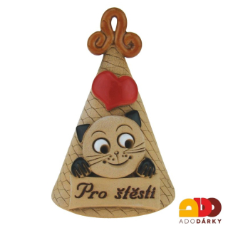 Zvonek s černou kočkou Pro štěstí s hnědým ouškem 10 cm