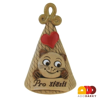 Zvonek s hnědou kočkou Pro štěstí s béžovým ouškem 10 cm