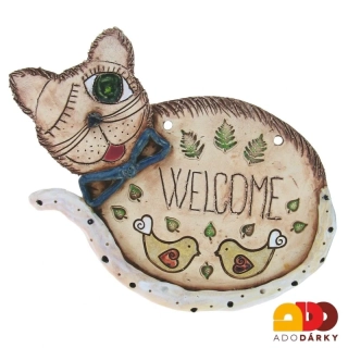 Keramická kočka WELCOME s modrým motýlkem a ptáčky 28 cm