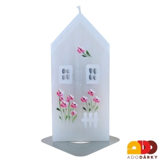 Ručně malovaná svíčka Domeček s květy 14 cm