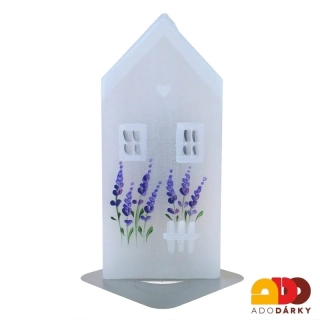 Ručně malovaná svíčka Domeček s levandulemi 14 cm