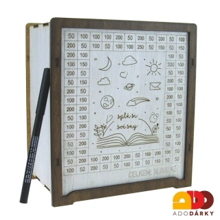 Dřevěná odškrtávací pokladnička "Splň si své sny" 20 cm