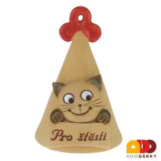Zvonek s kočkou "Pro štěstí" s červeným ouškem 10 cm