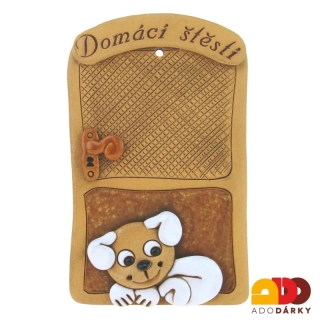 Dveře se psem na hnědé rohožce "Domácí štěstí" 17 cm