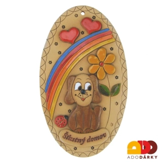 Ovál se psem, duhou a srdíčky "Šťastný domov" 19 cm