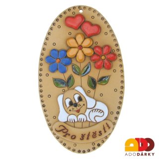 Ovál se psem, květinkami a srdíčky "Pro štěstí" 19 cm