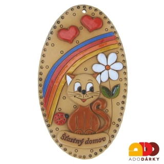 Ovál s kočkou, kopretinou a srdíčky "Šťastný domov" 19 cm
