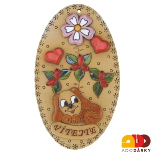 Ovál se psem, šípky a srdíčky "Vítejte" 19 cm