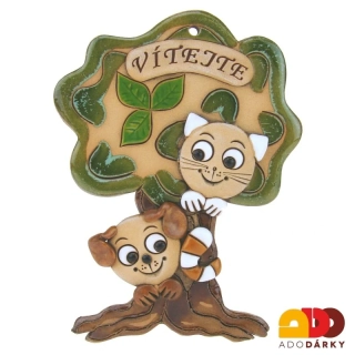 Strom s hnědým psem a kočkou "Vítejte" 17 cm