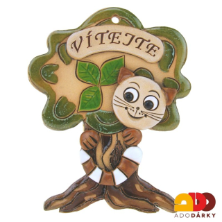 Strom s kočkou s bílohnědým ocasem "Vítejte" 14 cm