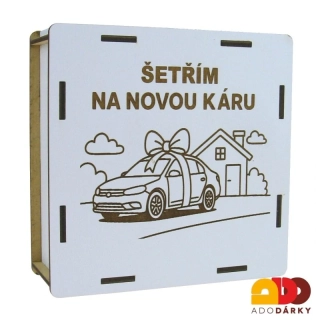 Dřevěná odškrtávací pokladnička "Šetřím na novou káru" 15 cm