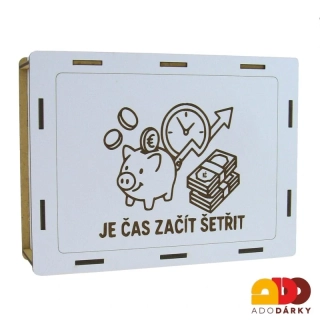 Dřevěná odškrtávací pokladnička "Je čas začít šetřit" s prasátkem 20 cm