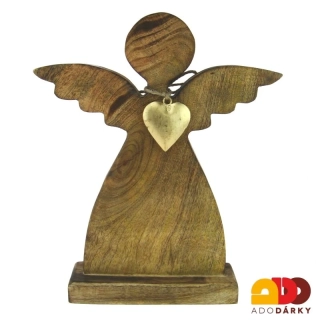 Dřevěný anděl se zlatým srdcem kolem krku 30,5 cm