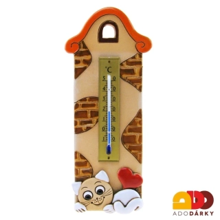 Teploměr domek s bílou kočkou a srdíčkem 20 cm