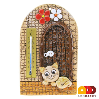 Teploměr dveře s hnědou kočkou a květy 12 x 19 cm