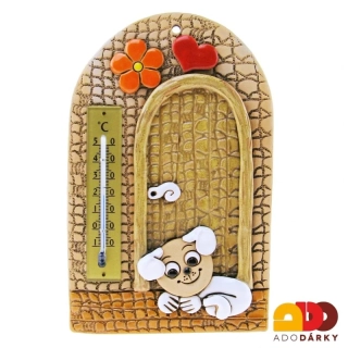 Teploměr dveře s bílým psem, kytičkou a srdíčkem 12 x 19 cm