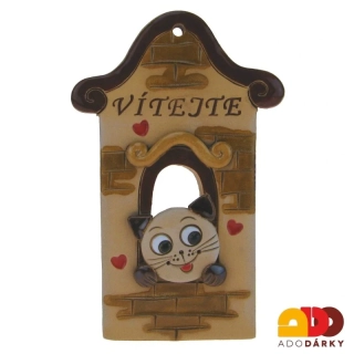 Dům s kočkou "Vítejte" s tmavě hnědou střechou 15 cm