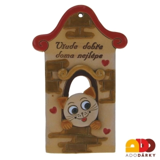 Dům s kočkou "Všude dobře, doma nejlépe" s červenou střechou 15 cm